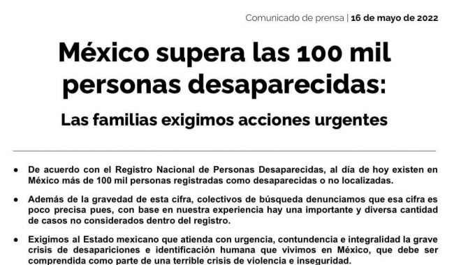 México supera las 100 mil personas desaparecidas