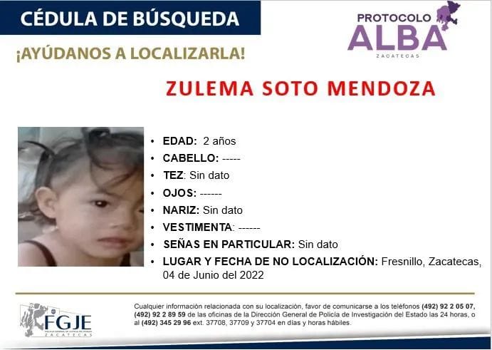 Buscan a menor de dos años desaparecida en Río Florido