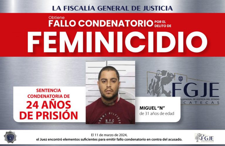 Dan 24 años de prisión a feminicida de Guadalupe