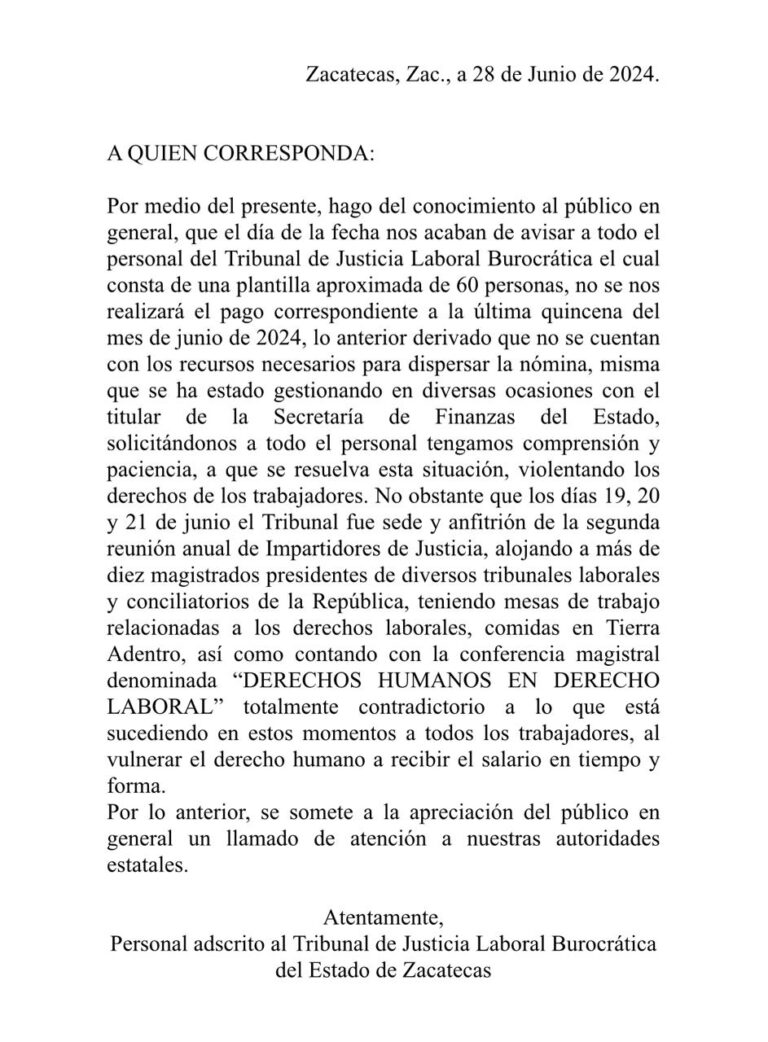 Dejan sin pago a tribunal burocrático