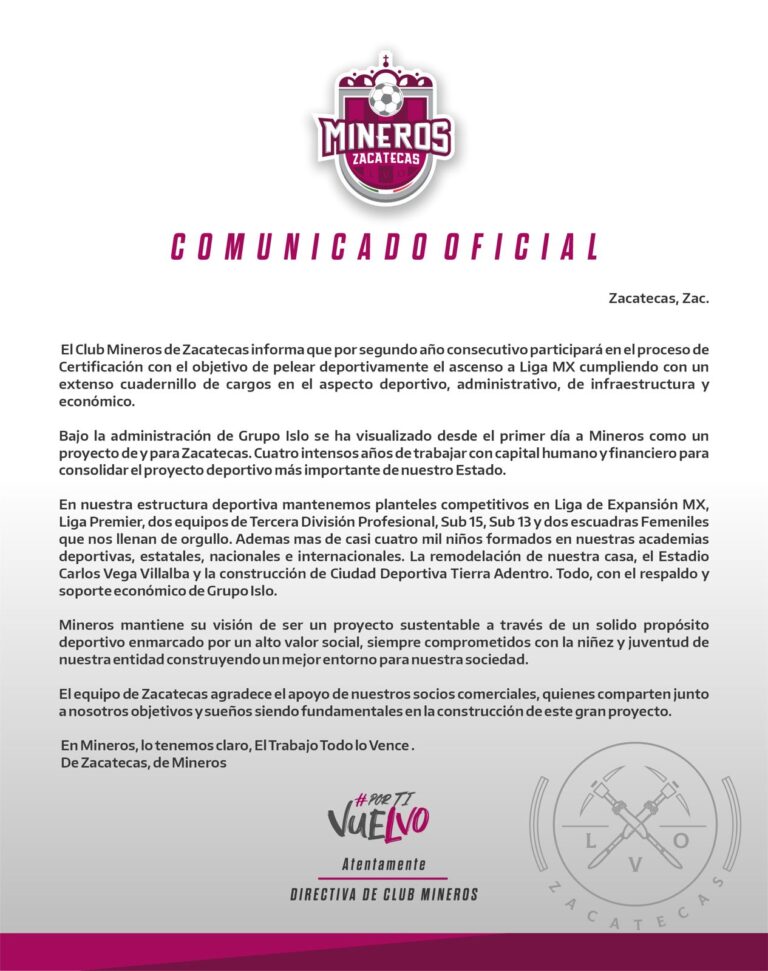 Mineros participará en el proceso de Certificación para Liga MX