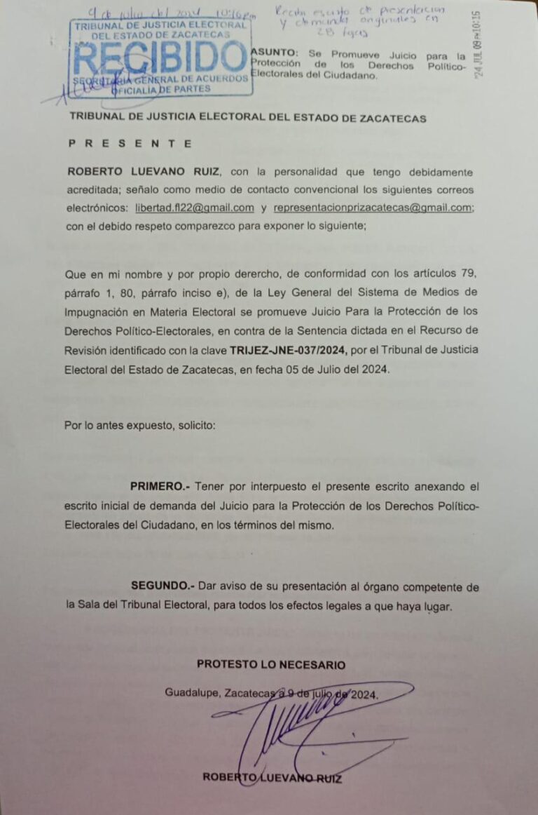 Presenta Roberto Luévano juicio contra sentencia dictada por el TRIJEZ