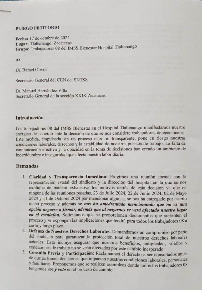 Amagan con paro en IMSS Bienestar