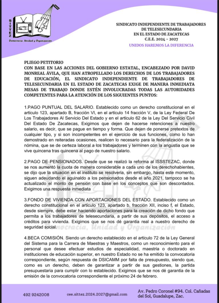 Presenta SITTEZ pliego petitorio