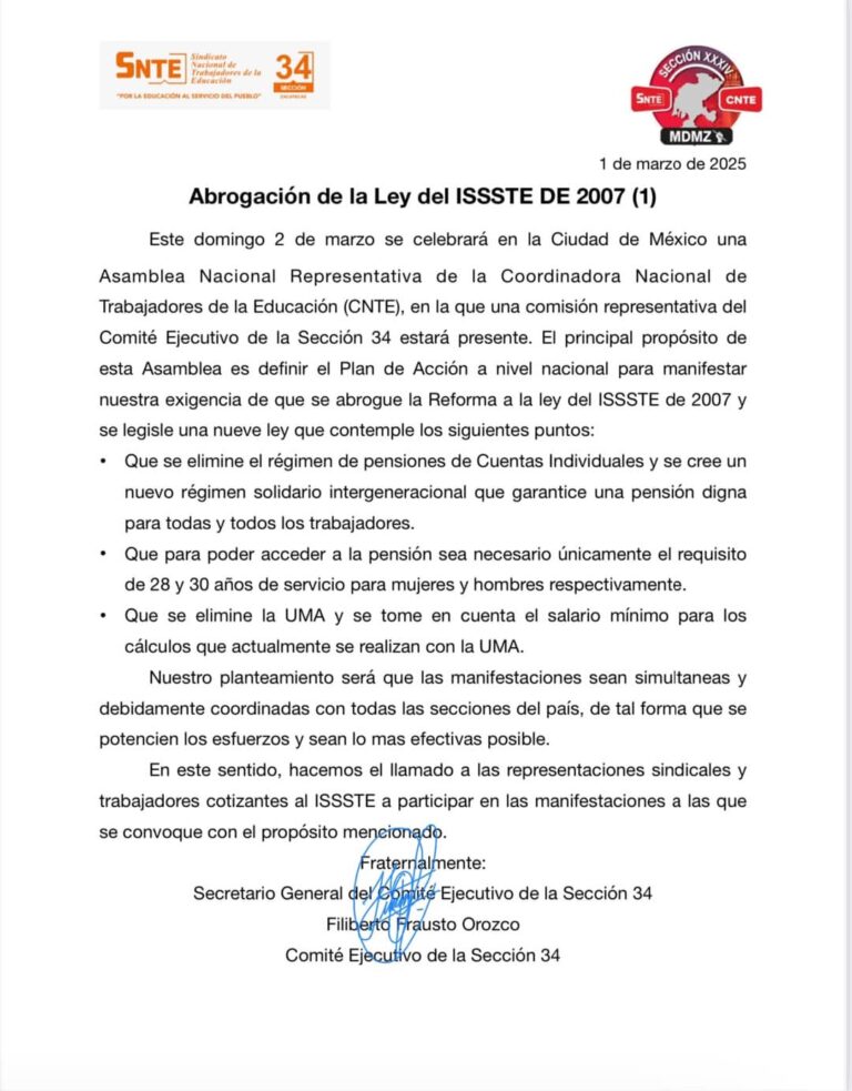 Se suma SNTE 34 para abrogar ley del ISSSTE