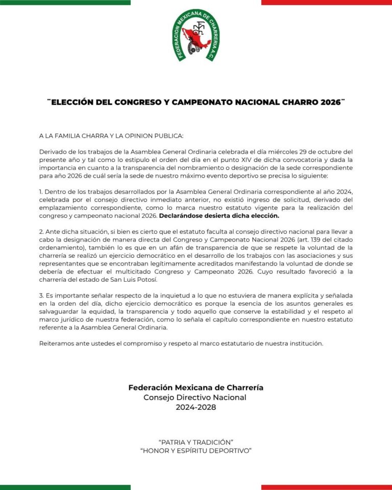 San Luis Potosí será sede del Congreso y Campeonato Nacional Charro 2026