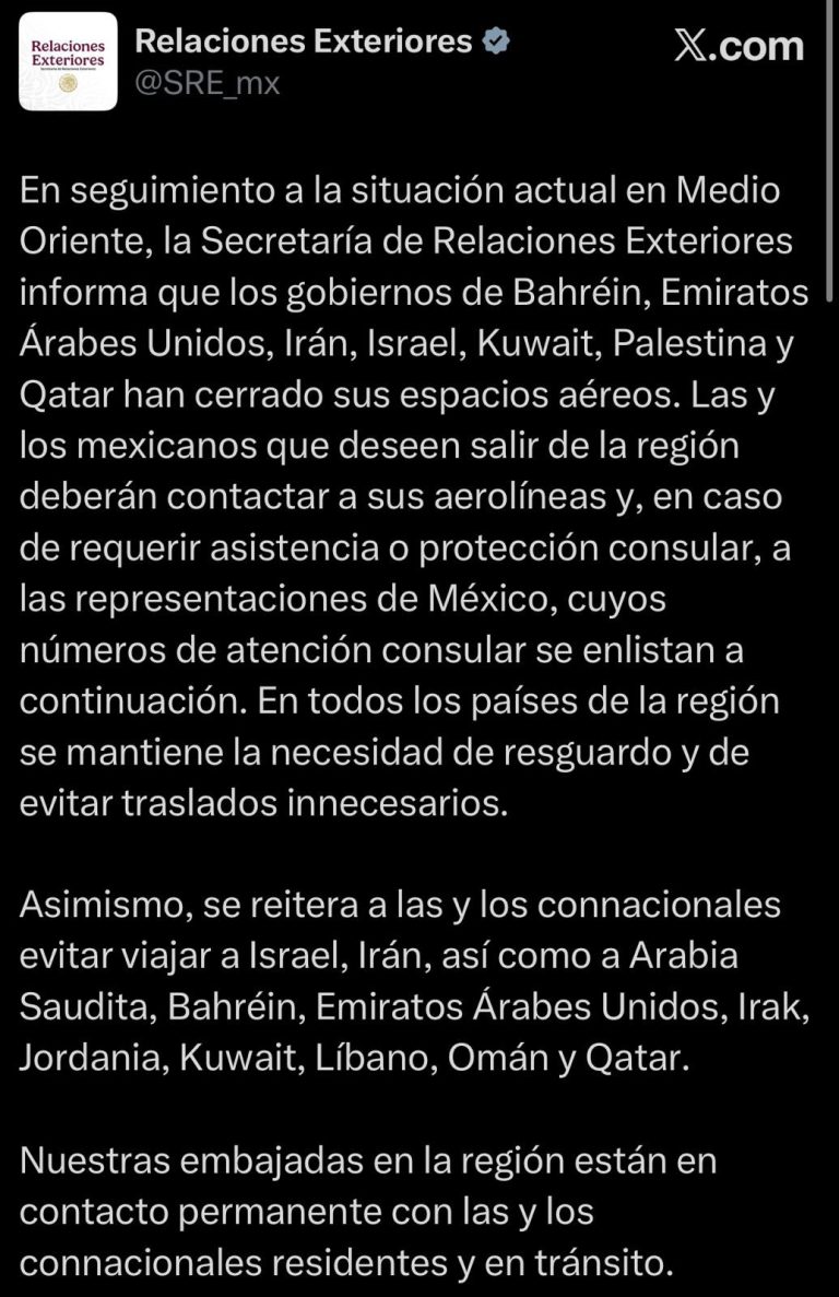 Alerta SRE por cierre de espacios aéreos en Medio Oriente