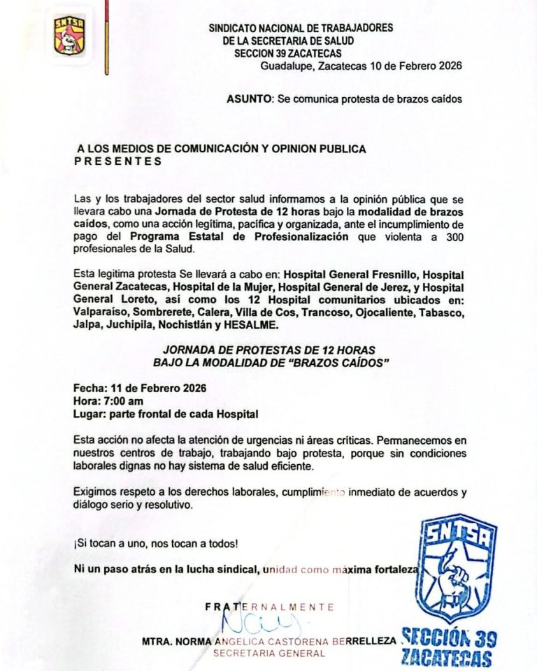 Anuncia SNTSA 39 protesta de «brazos caídos» en 17 hospitales