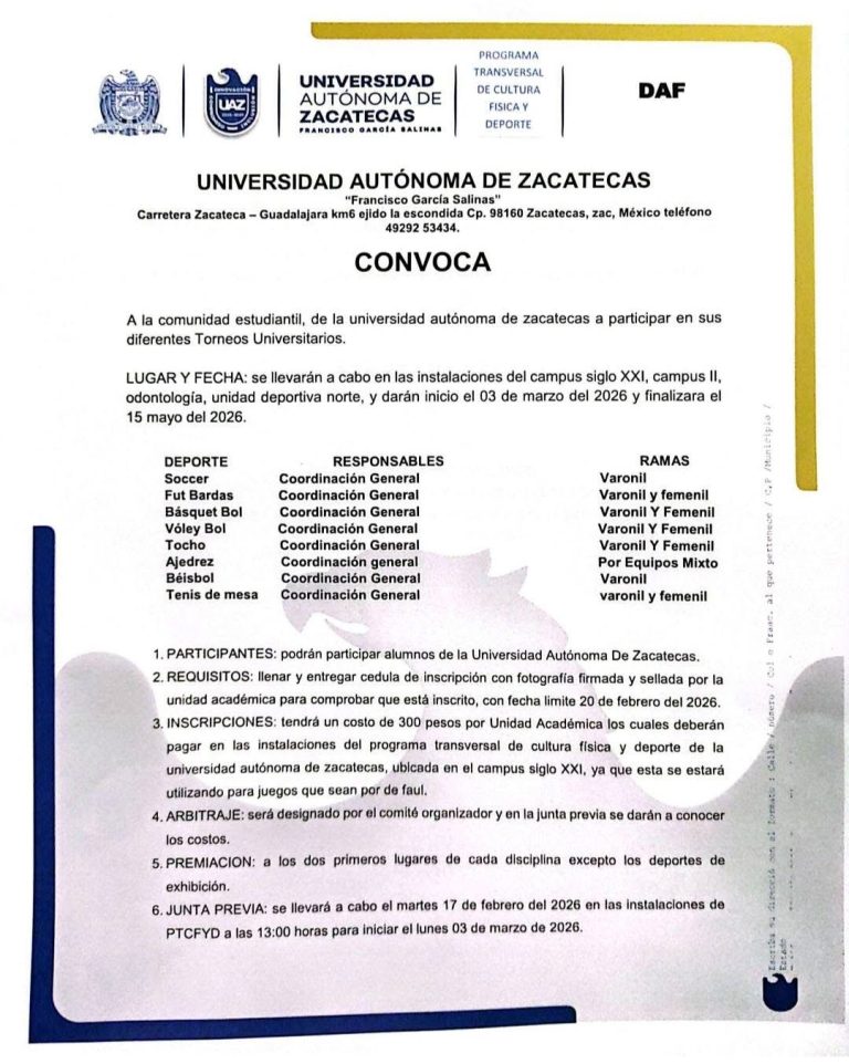 UAZ lanza convocatoria para Torneos Universitarios