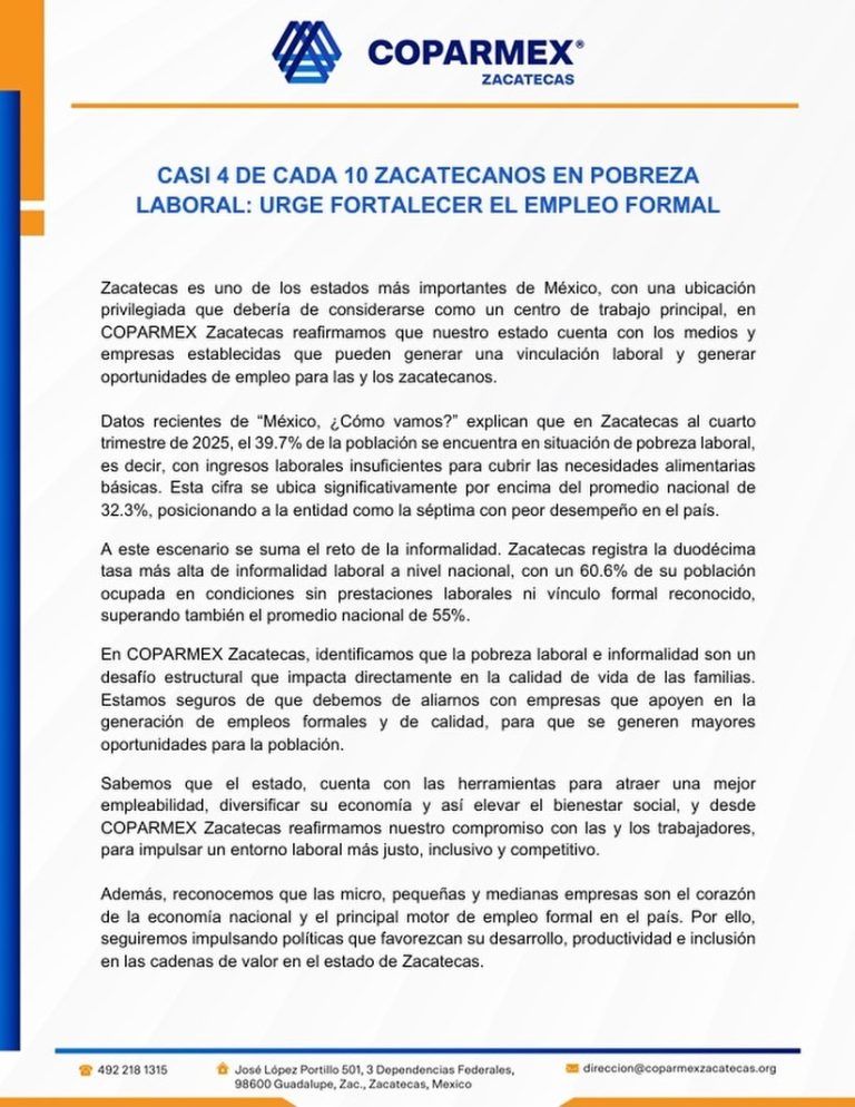 En pobreza laboral, 4 de cada 10 zacatecanos